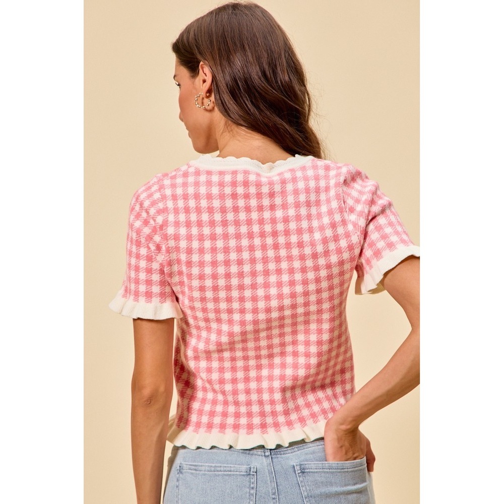SO ME Gingham Knit Ruffled Short Sleeves Sweater Top - Pink - XL - Picture 6 of 12